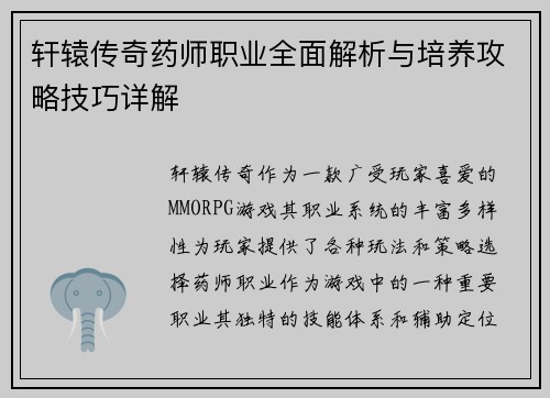 轩辕传奇药师职业全面解析与培养攻略技巧详解