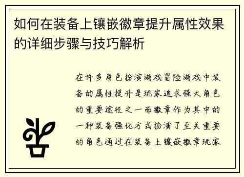 如何在装备上镶嵌徽章提升属性效果的详细步骤与技巧解析