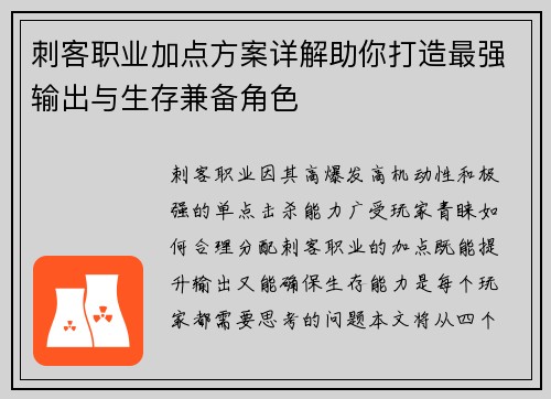 刺客职业加点方案详解助你打造最强输出与生存兼备角色